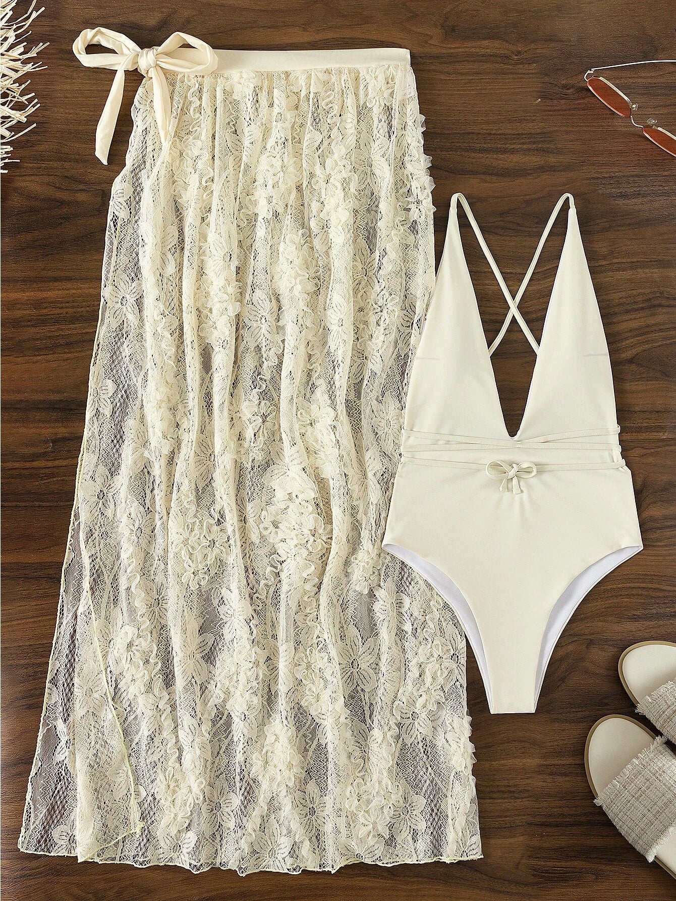  | SHEIN Swim Vcay Floral Criss Cross Lace Up One Piece Swimsuit With Beach Skirt | Lingerie | Shein | OneHub