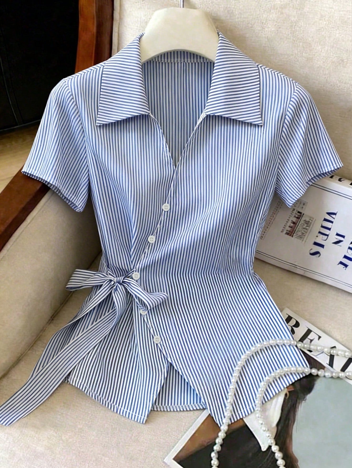 SHEIN Franclia Elegant Blue And White Stripe Women Shirt,Summer Asymmetrical Tie-Waist Turndown Collar Blouse,Business Professional Work Tops For Brunch,Stylish
