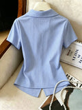 SHEIN Franclia Elegant Blue And White Stripe Women Shirt,Summer Asymmetrical Tie-Waist Turndown Collar Blouse,Business Professional Work Tops For Brunch,Stylish