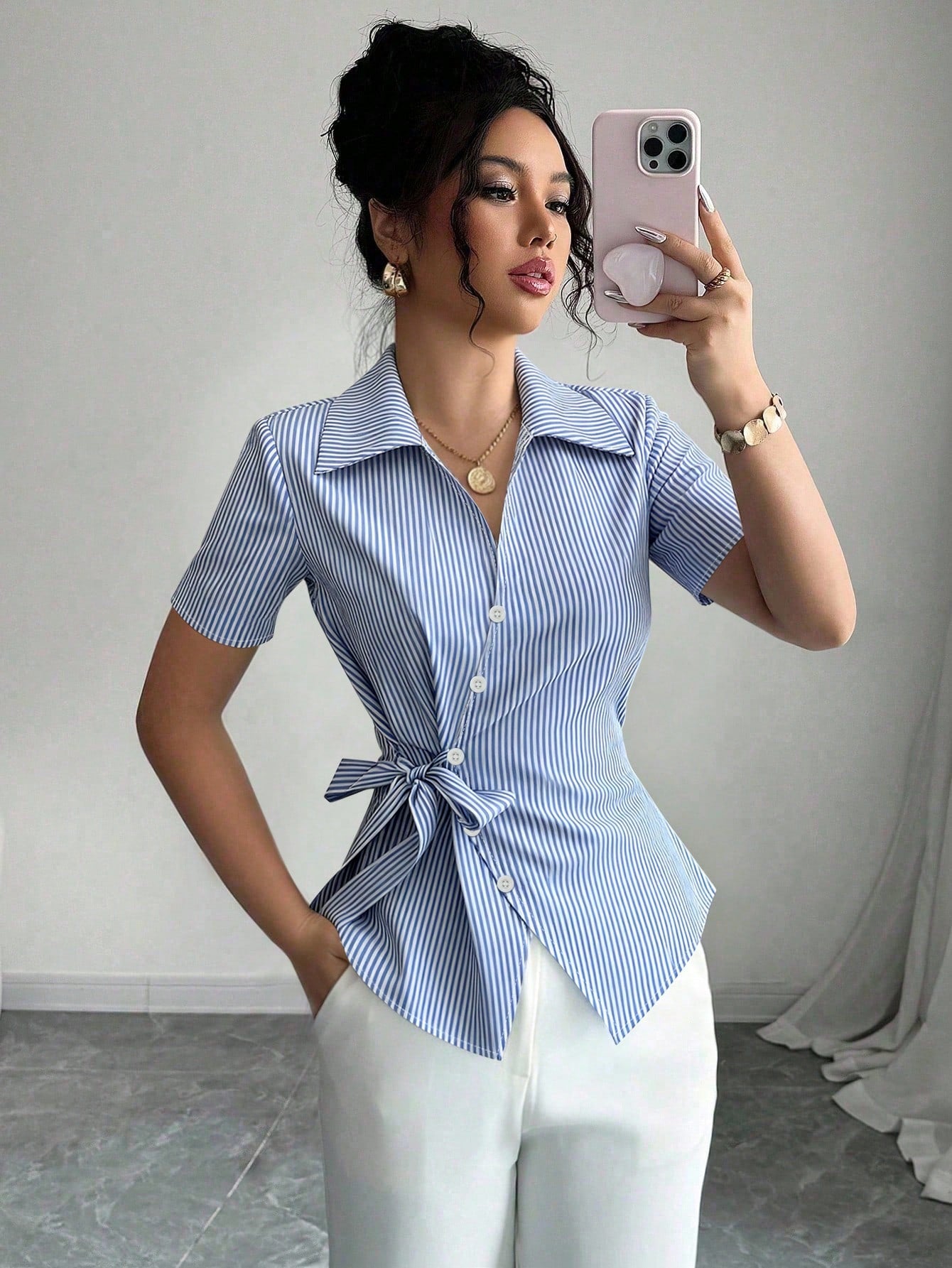 SHEIN Franclia Elegant Blue And White Stripe Women Shirt,Summer Asymmetrical Tie-Waist Turndown Collar Blouse,Business Professional Work Tops For Brunch,Stylish