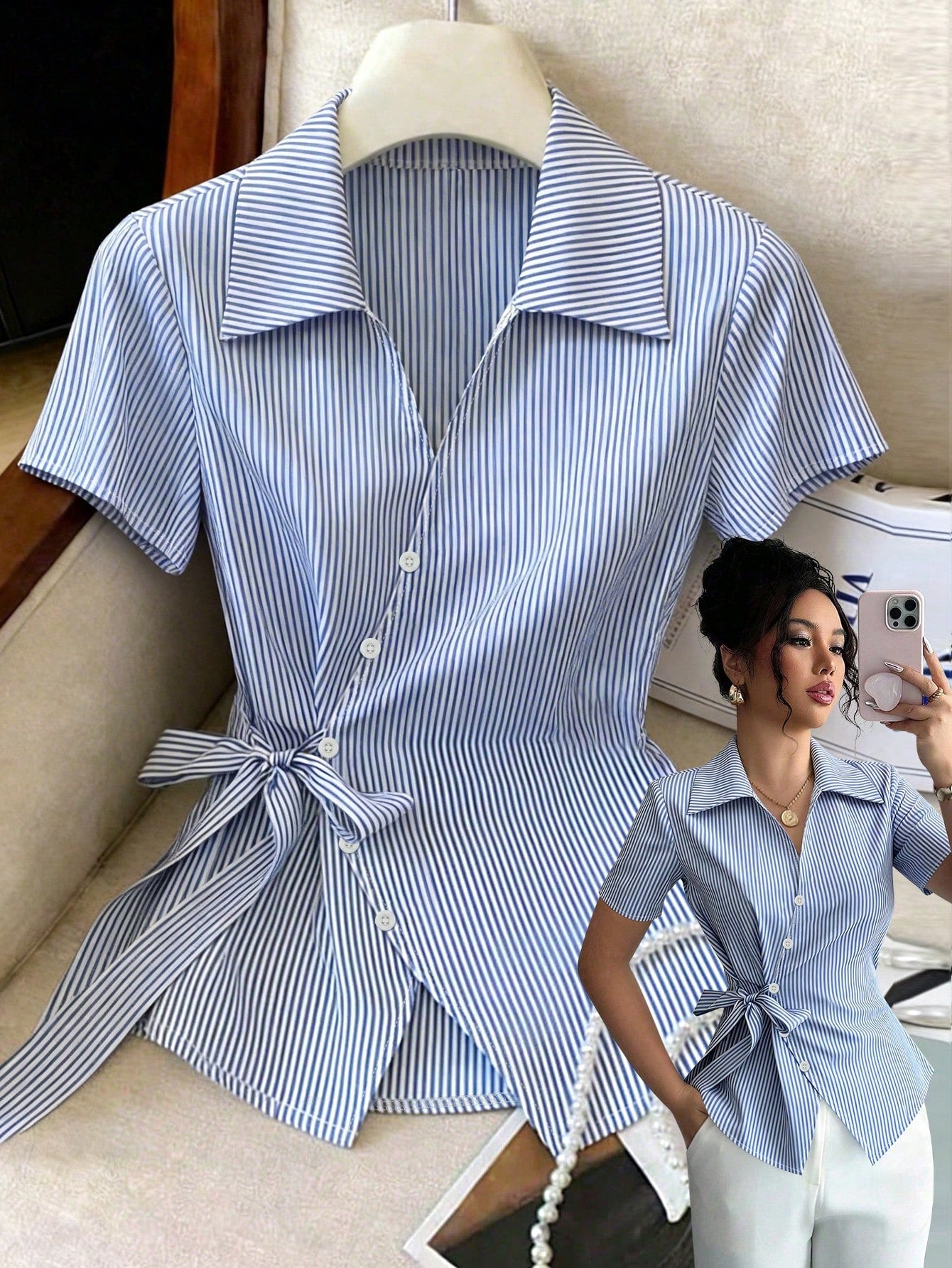 SHEIN Franclia Elegant Blue And White Stripe Women Shirt,Summer Asymmetrical Tie-Waist Turndown Collar Blouse,Business Professional Work Tops For Brunch,Stylish