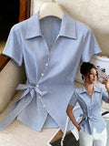 SHEIN Franclia Elegant Blue And White Stripe Women Shirt,Summer Asymmetrical Tie-Waist Turndown Collar Blouse,Business Professional Work Tops For Brunch,Stylish