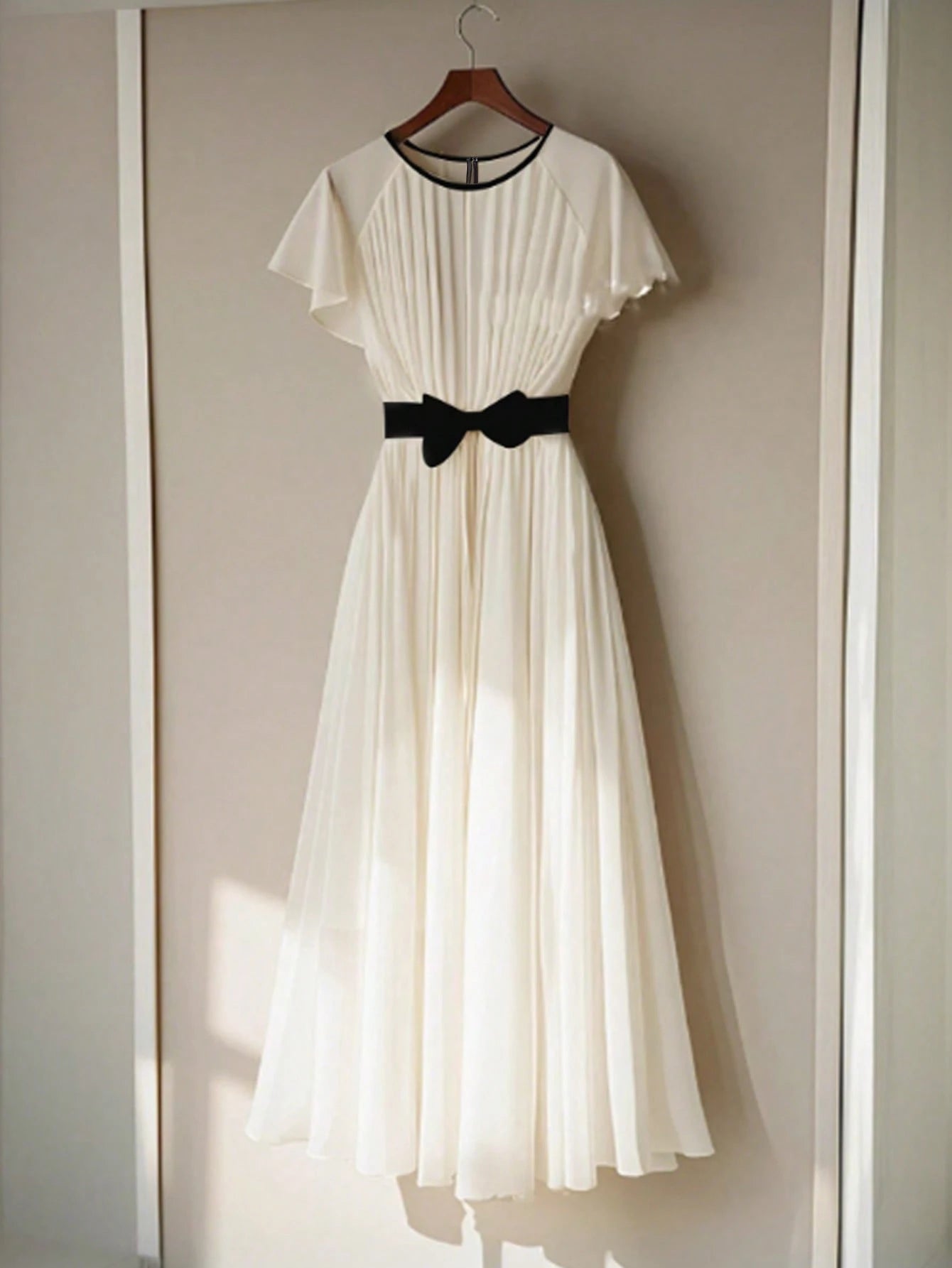  | SHEIN Franclia French Fashion Temperament Round Neck Lotus Leaf Sleeves Black Bow Waist Pleated Apricot Ladies Summer Long Dress Ladies Summer Dress Ladies Summer Clothing Women's Vacation Wear | Dress | Shein | OneHub