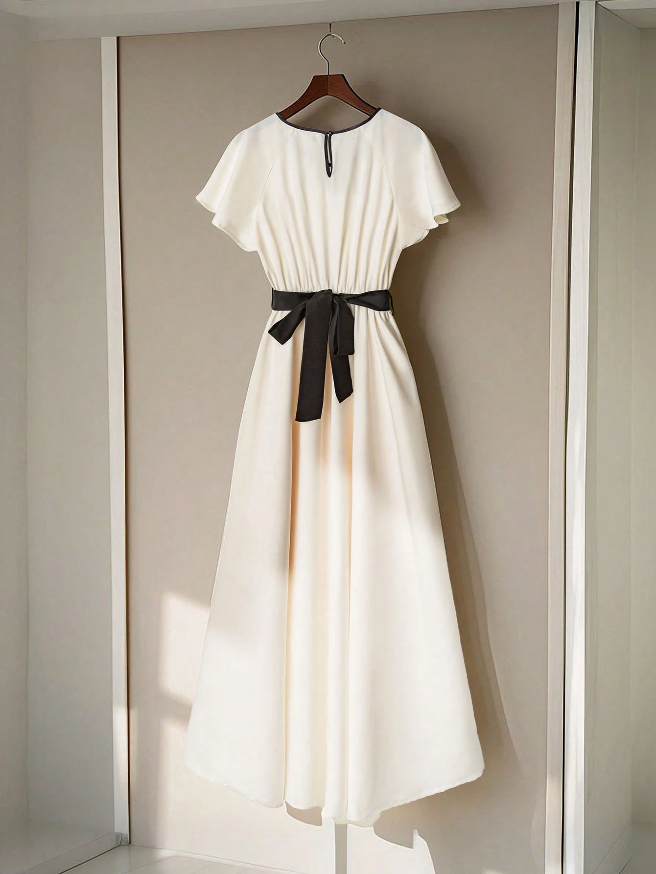  | SHEIN Franclia French Fashion Temperament Round Neck Lotus Leaf Sleeves Black Bow Waist Pleated Apricot Ladies Summer Long Dress Ladies Summer Dress Ladies Summer Clothing Women's Vacation Wear | Dress | Shein | OneHub