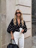 SHEIN French Vintage Polka Dot Print Shirt, Draping Slimming Versatile Commute Casual Slouchy Lapel Vacation Black