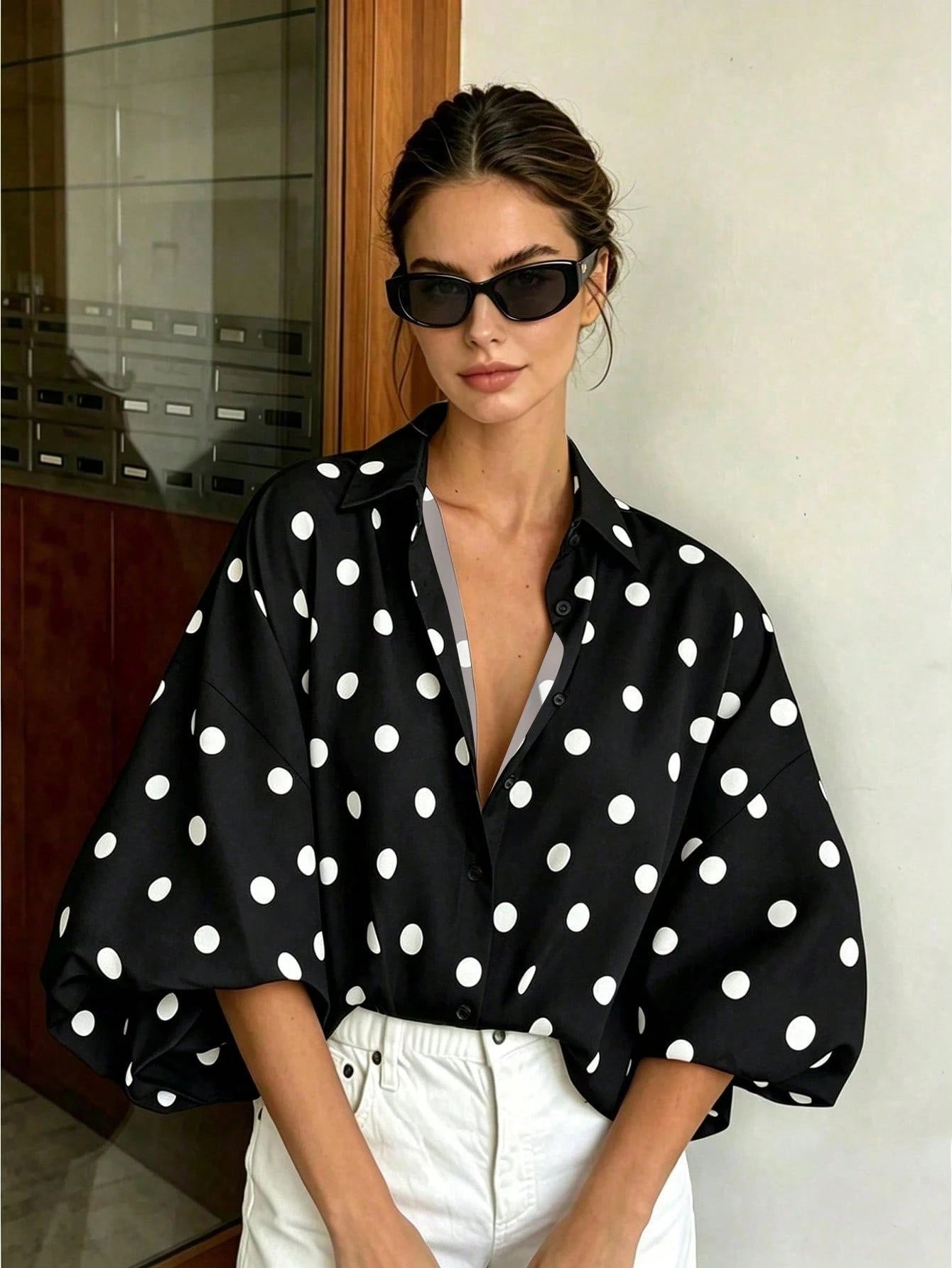 SHEIN French Vintage Polka Dot Print Shirt, Draping Slimming Versatile Commute Casual Slouchy Lapel Vacation Black