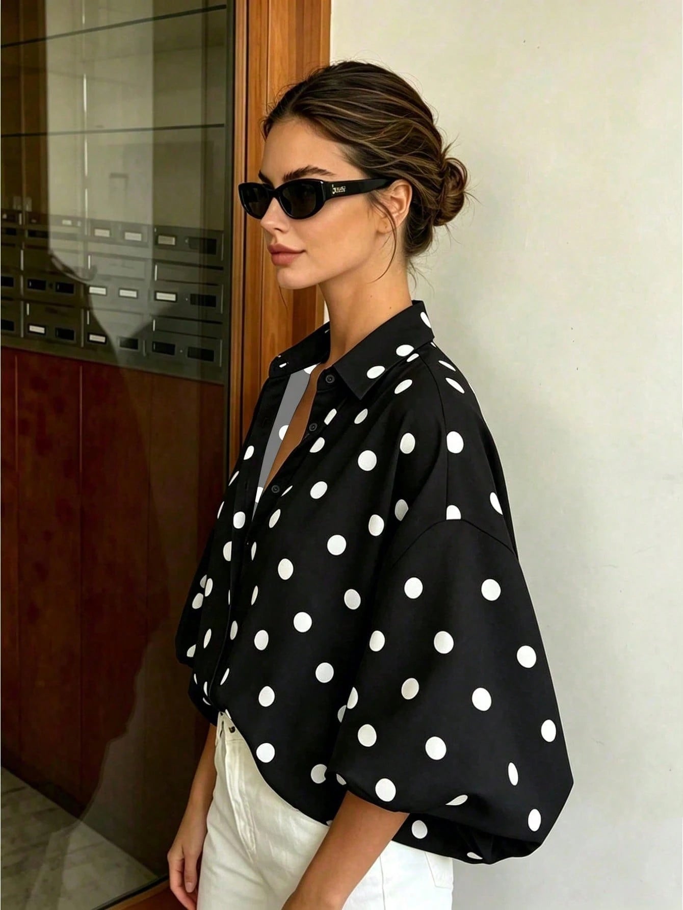 SHEIN French Vintage Polka Dot Print Shirt, Draping Slimming Versatile Commute Casual Slouchy Lapel Vacation Black