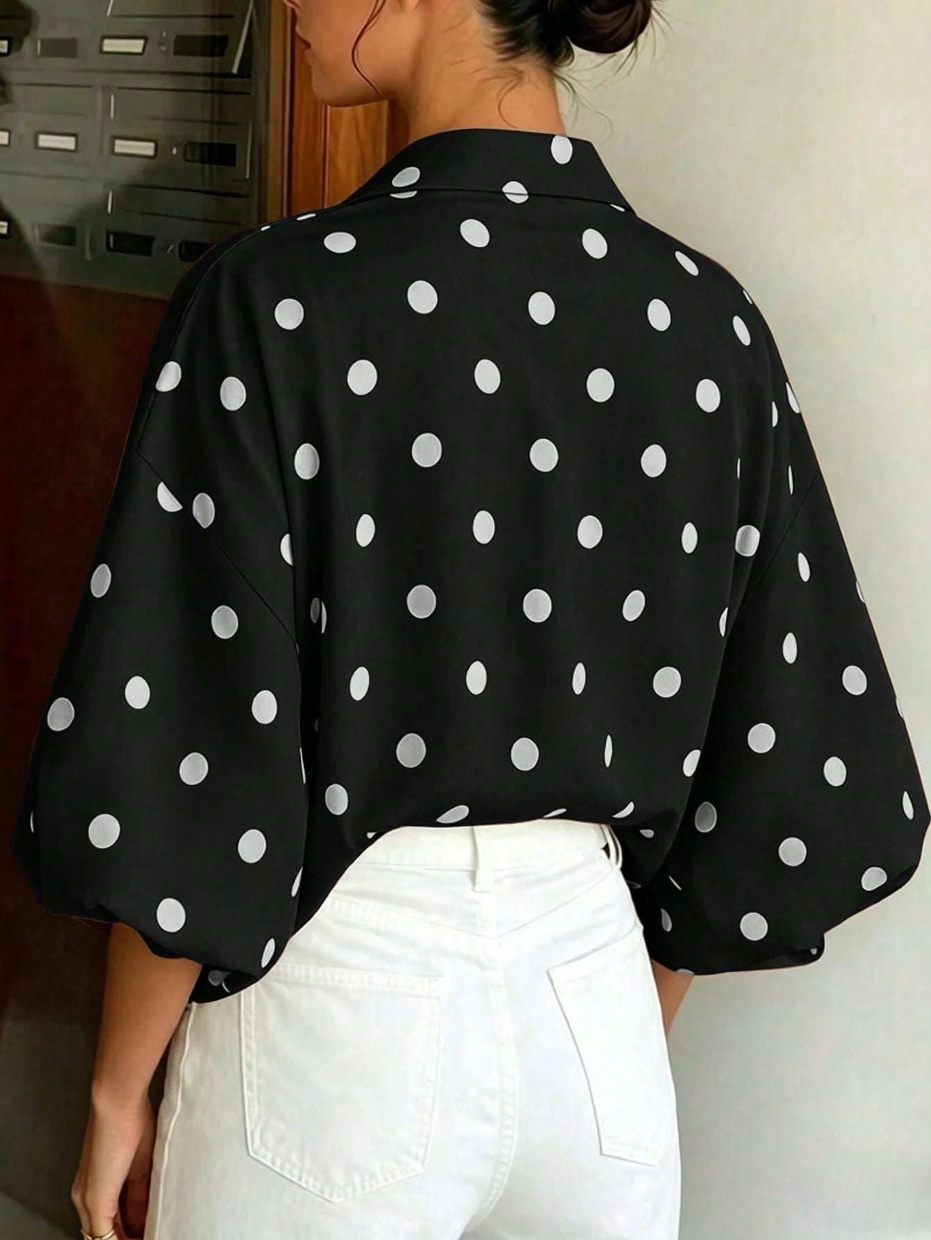 SHEIN French Vintage Polka Dot Print Shirt, Draping Slimming Versatile Commute Casual Slouchy Lapel Vacation Black