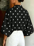 SHEIN French Vintage Polka Dot Print Shirt, Draping Slimming Versatile Commute Casual Slouchy Lapel Vacation Black