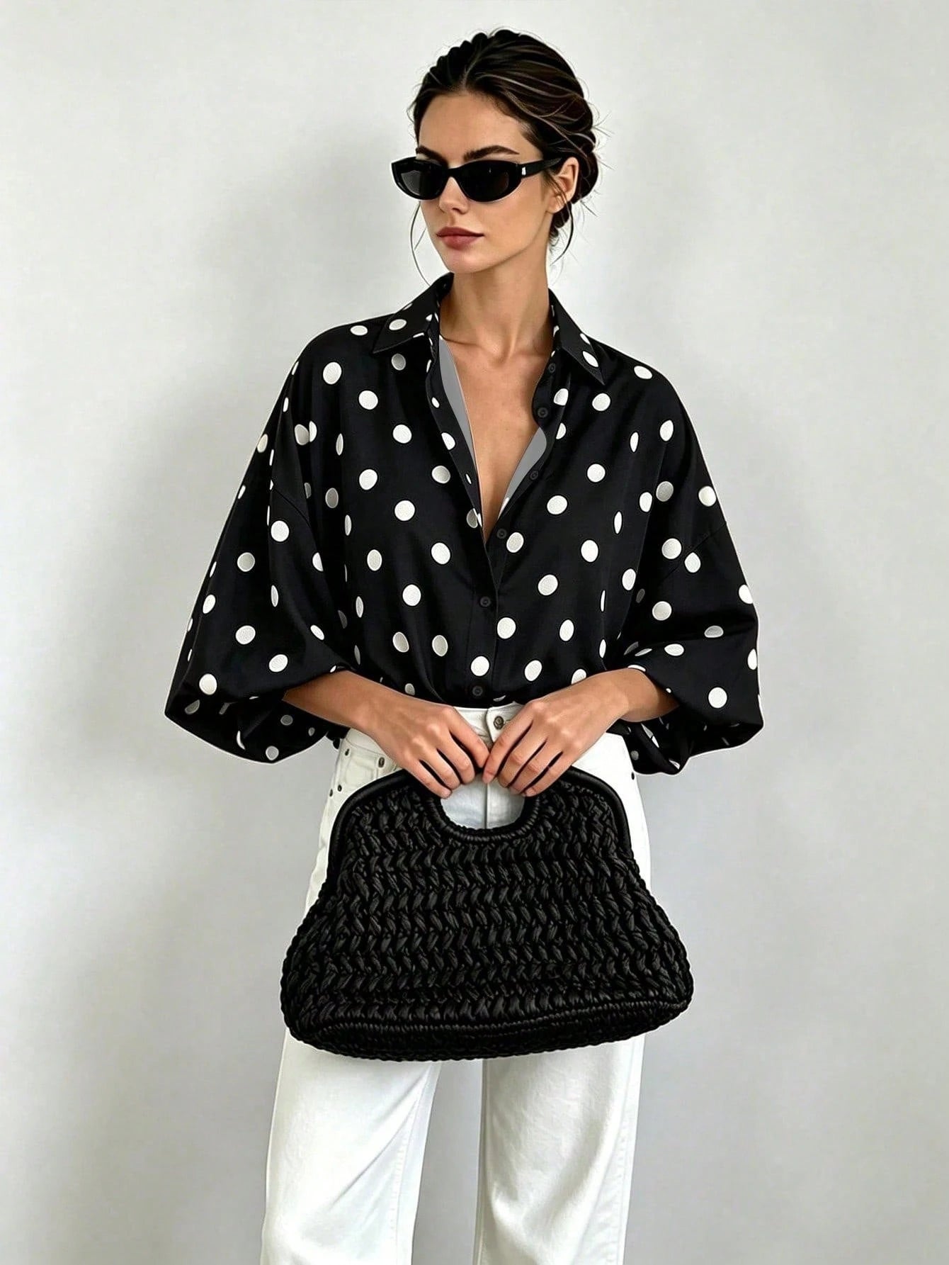 SHEIN French Vintage Polka Dot Print Shirt, Draping Slimming Versatile Commute Casual Slouchy Lapel Vacation Black