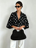 SHEIN French Vintage Polka Dot Print Shirt, Draping Slimming Versatile Commute Casual Slouchy Lapel Vacation Black