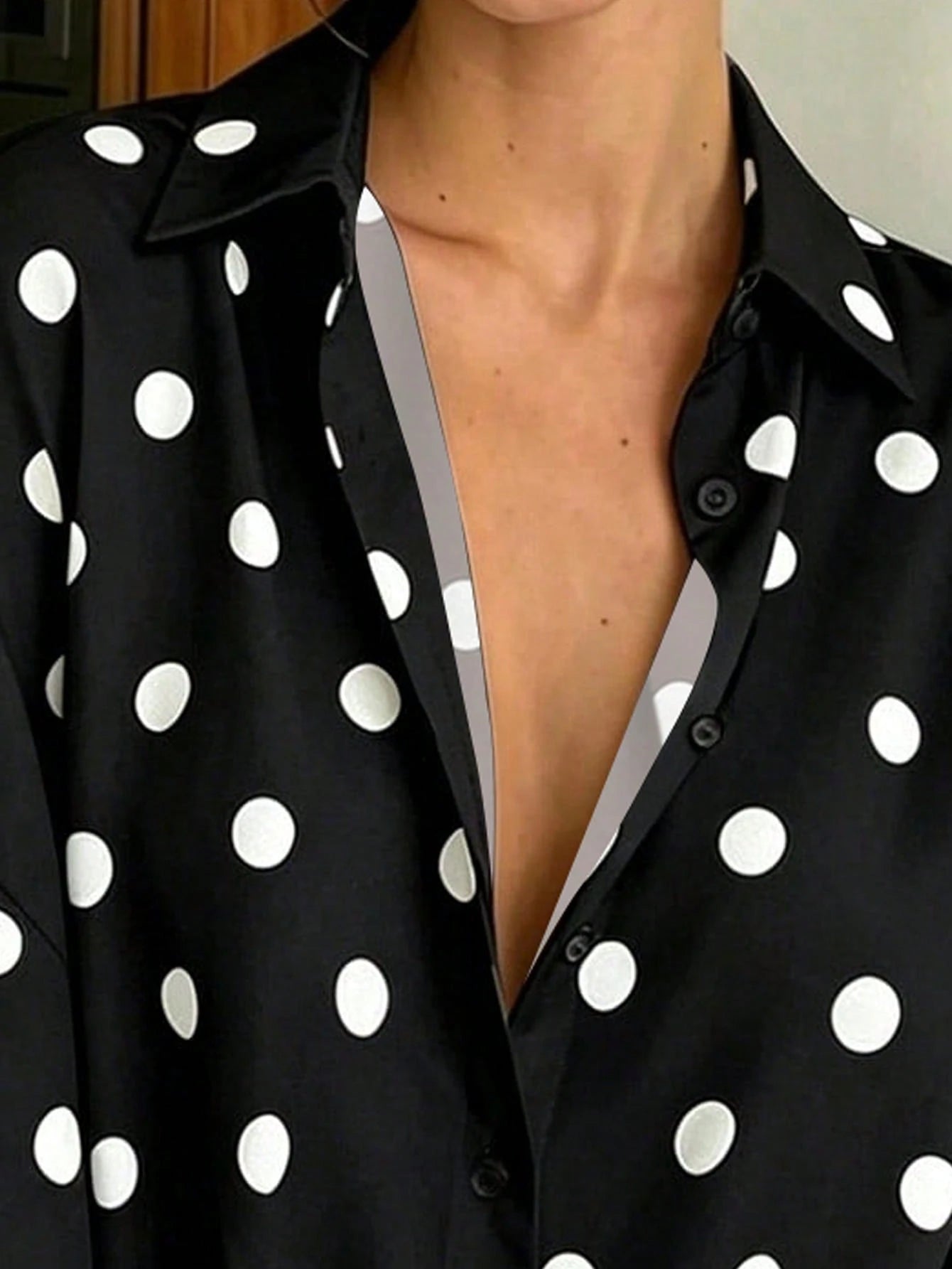 SHEIN French Vintage Polka Dot Print Shirt, Draping Slimming Versatile Commute Casual Slouchy Lapel Vacation Black
