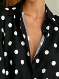 SHEIN French Vintage Polka Dot Print Shirt, Draping Slimming Versatile Commute Casual Slouchy Lapel Vacation Black