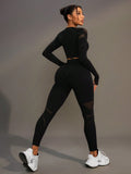 SHEIN Gameset SHEIN Sport Women Solid Color Crew Neck Long Sleeve Cropped T-Shirt And Mesh Contrast Legging Sports Set Workout Women Set Women Leggings Set