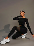 SHEIN Gameset SHEIN Sport Women Solid Color Crew Neck Long Sleeve Cropped T-Shirt And Mesh Contrast Legging Sports Set Workout Women Set Women Leggings Set
