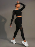 SHEIN Gameset SHEIN Sport Women Solid Color Crew Neck Long Sleeve Cropped T-Shirt And Mesh Contrast Legging Sports Set Workout Women Set Women Leggings Set