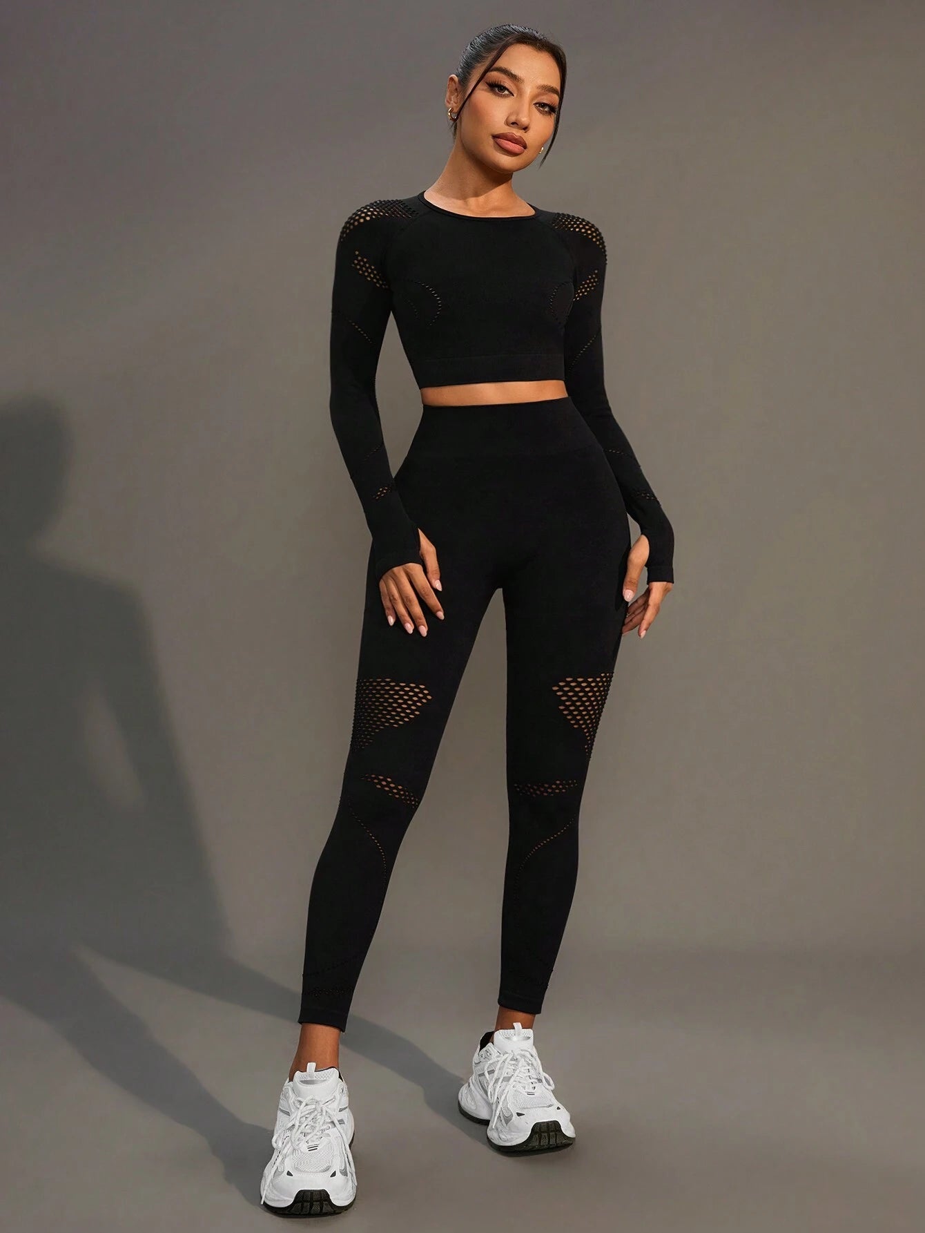 SHEIN Gameset SHEIN Sport Women Solid Color Crew Neck Long Sleeve Cropped T-Shirt And Mesh Contrast Legging Sports Set Workout Women Set Women Leggings Set
