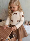 SHEIN Girls Casual Fashion Autumn/Winter 2 Pieces Set, Brushed Ribbed Top With 3D Bow + PU Skirt, Baby Autumn/Winter Outfit