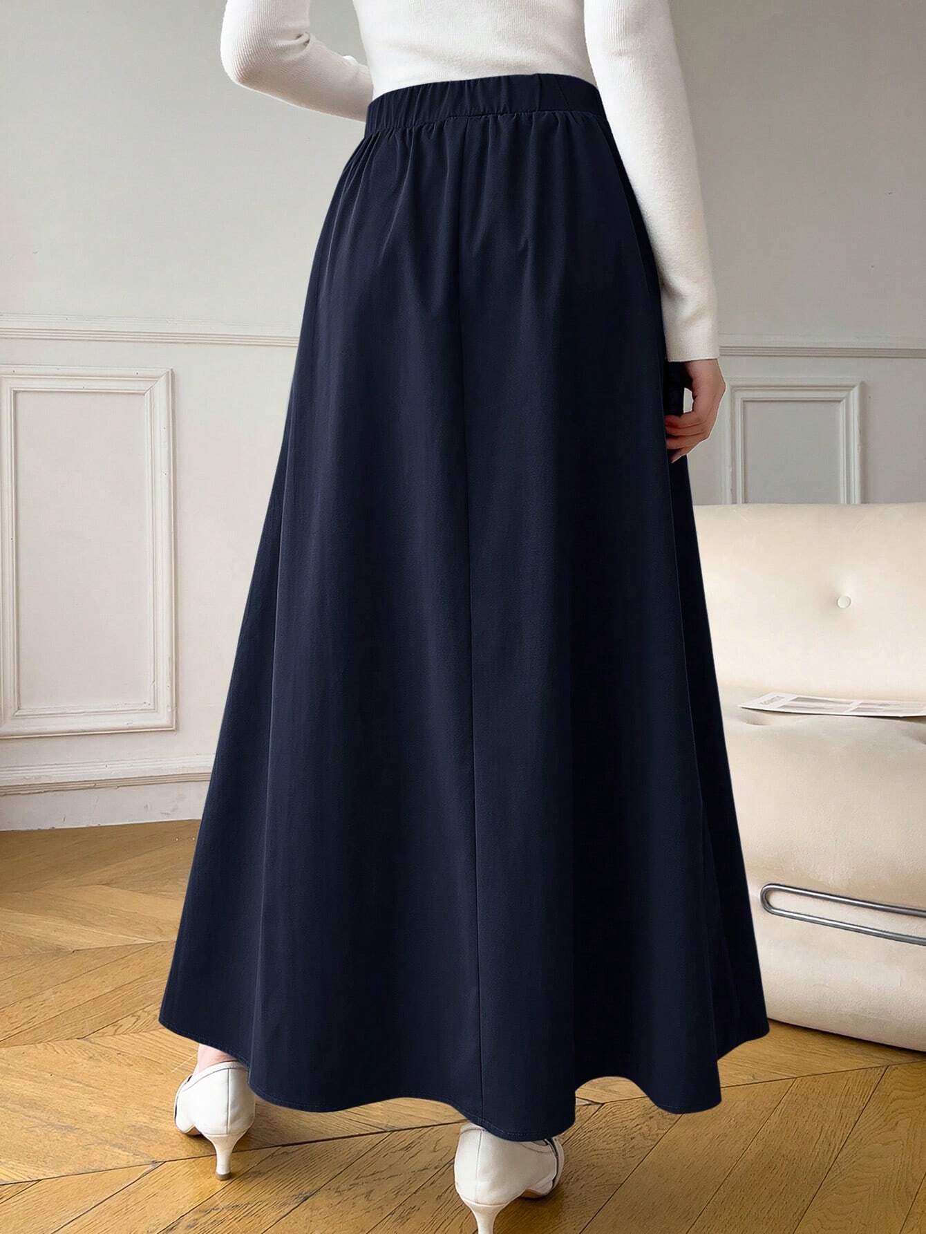 SHEIN Heiryn Women's Solid Color Pleated Long Elegant Commuter Skirt