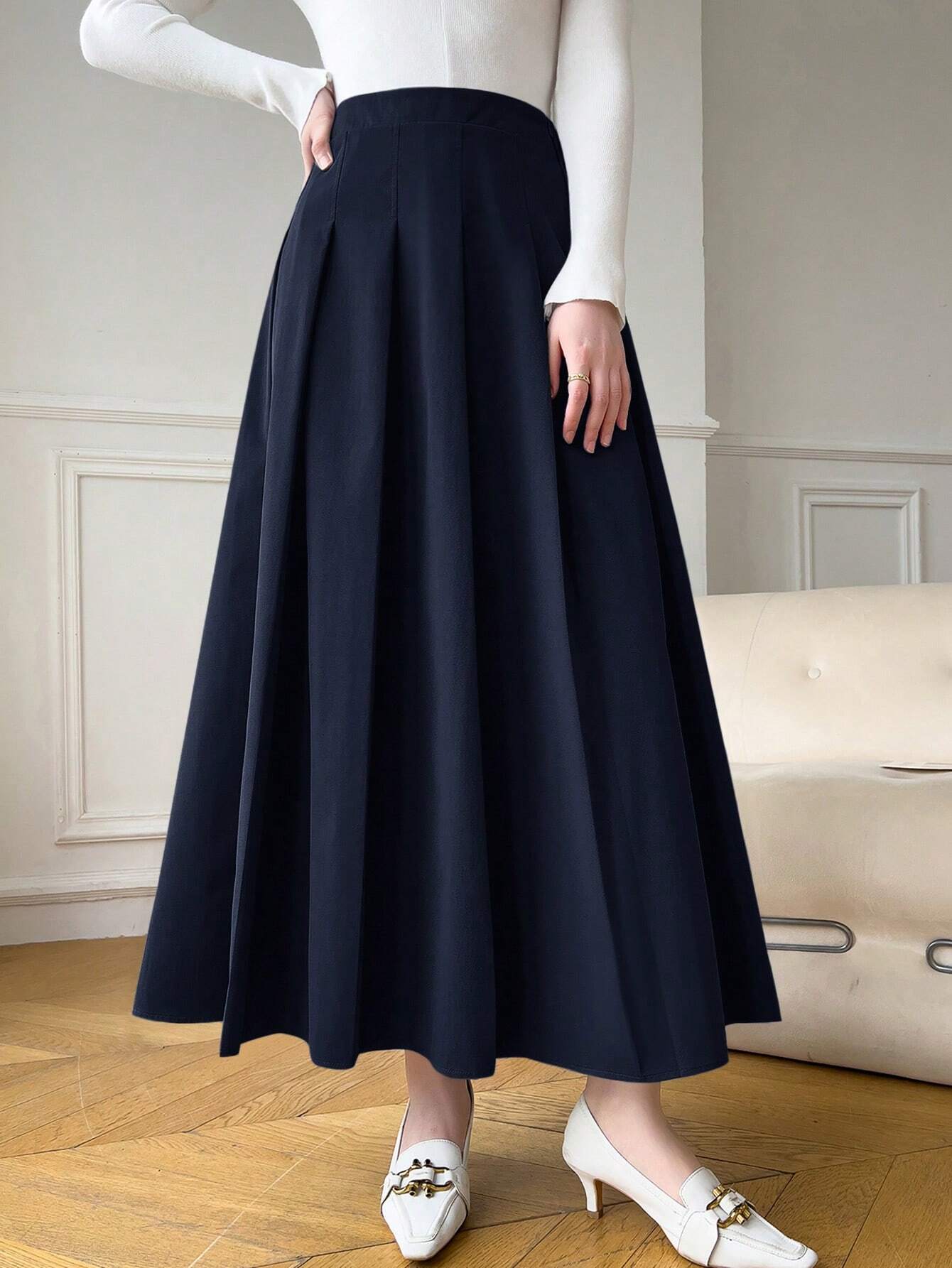 SHEIN Heiryn Women's Solid Color Pleated Long Elegant Commuter Skirt