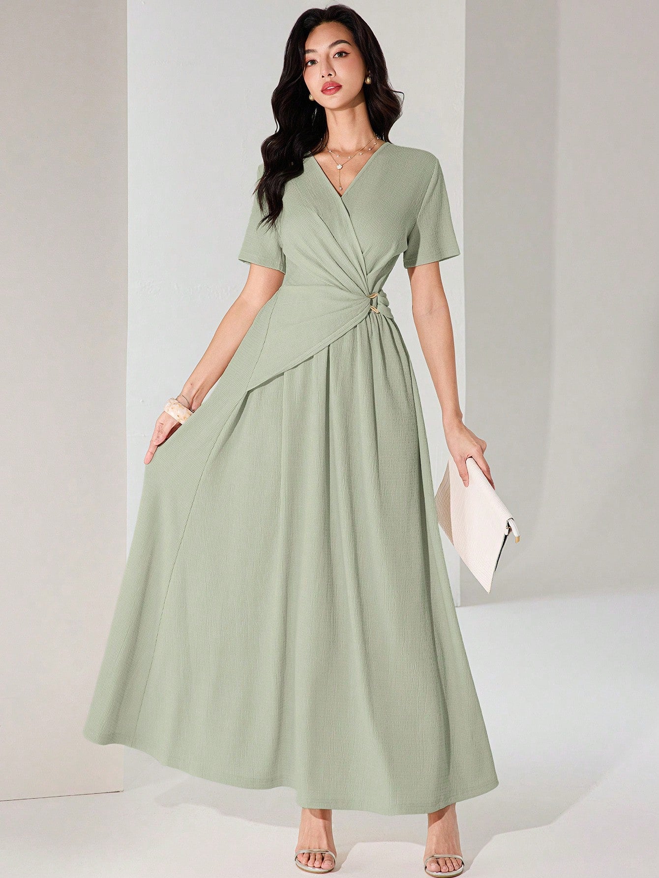 SHEIN Heiryn Women's Summer Solid Color V-Neck Short Sleeve Pleated El | Dress