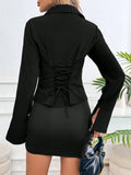 SHEIN INAWLY Women's Solid Color Front Button Lace Up Elegant Office Wear Long Sleeve Shirt