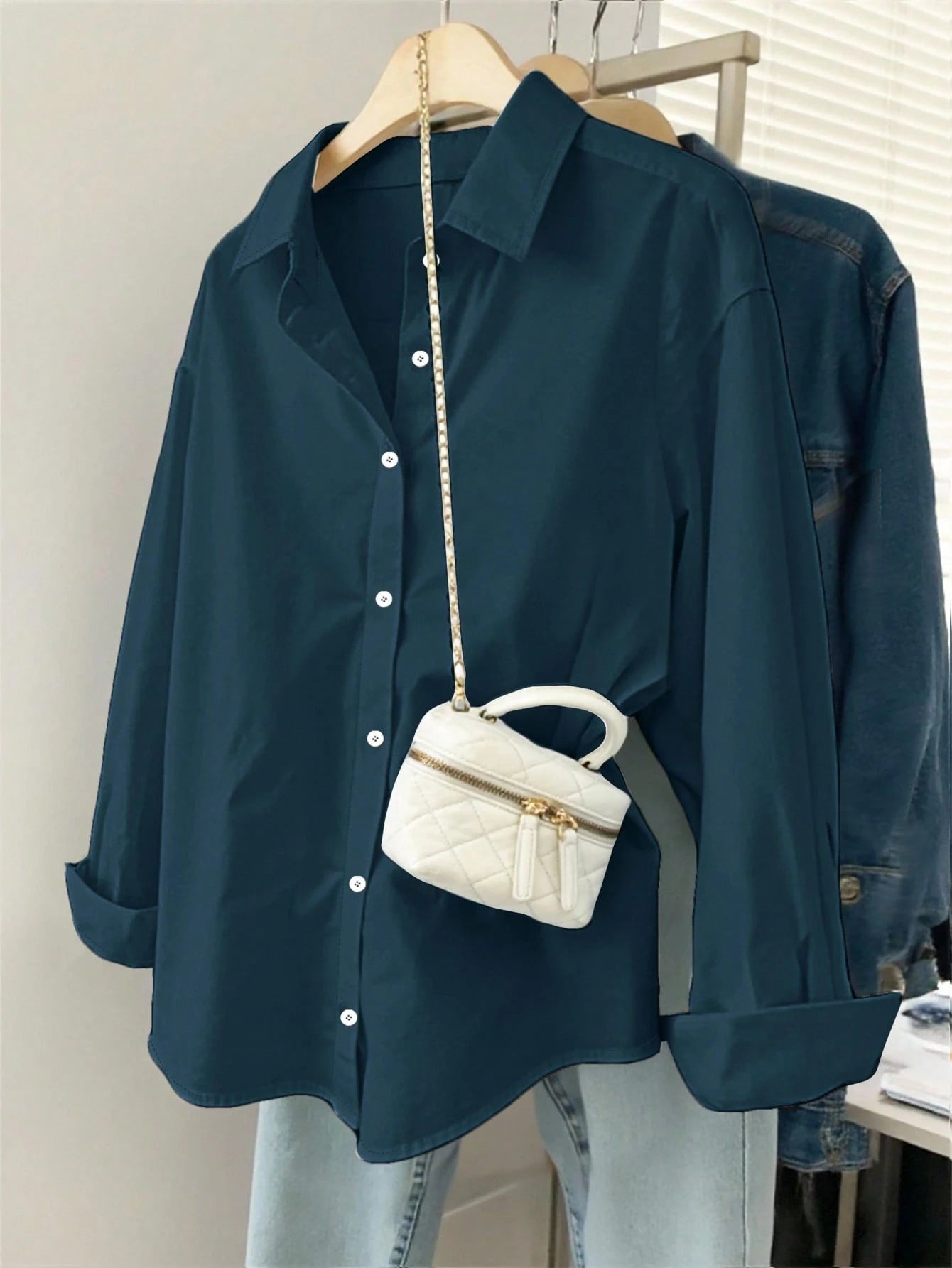 SHEIN INAWLY Women's Solid Color Single-Breasted Casual/Office Loose Long Sleeve Shirt