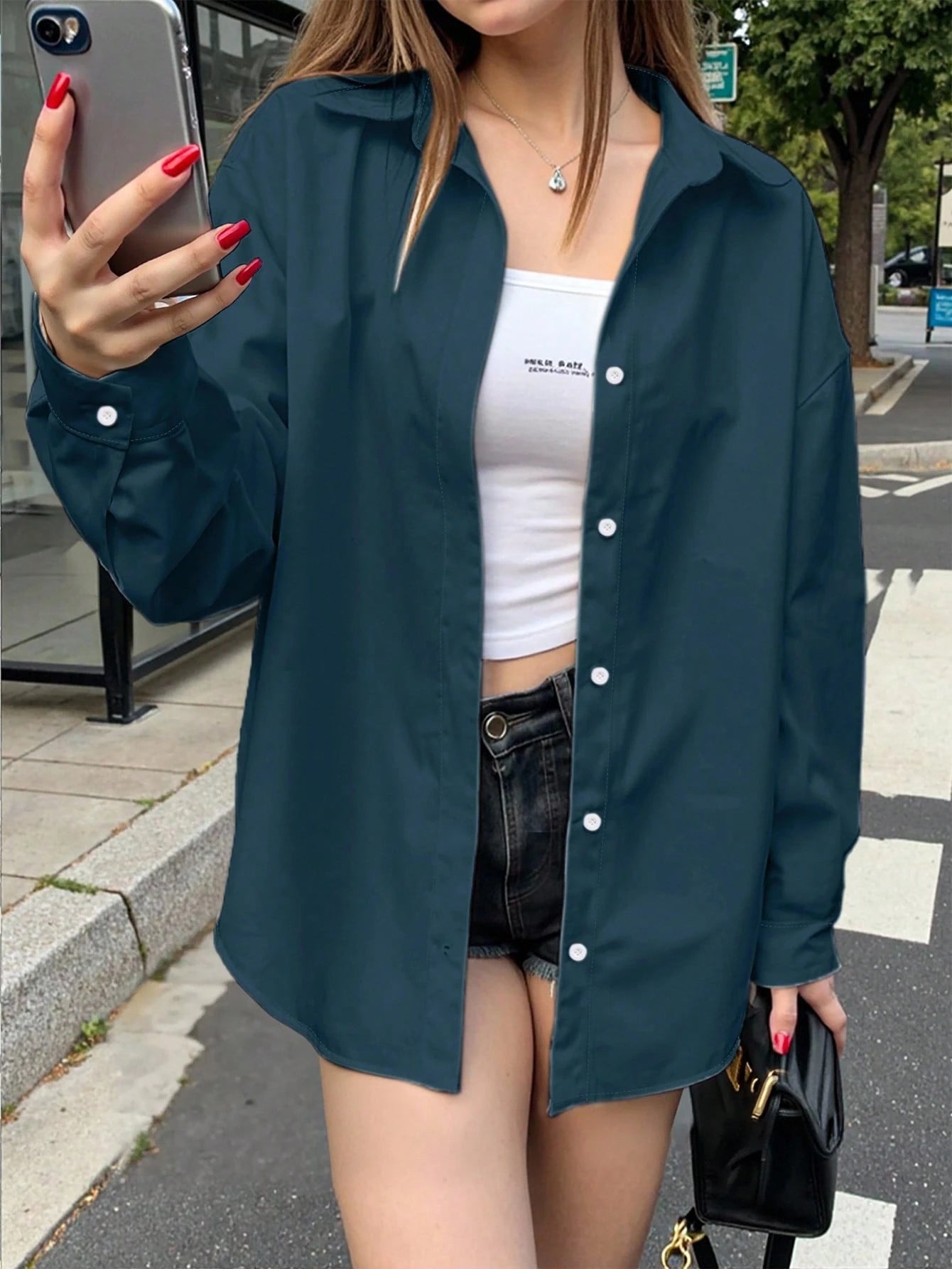 SHEIN INAWLY Women's Solid Color Single-Breasted Casual/Office Loose Long Sleeve Shirt