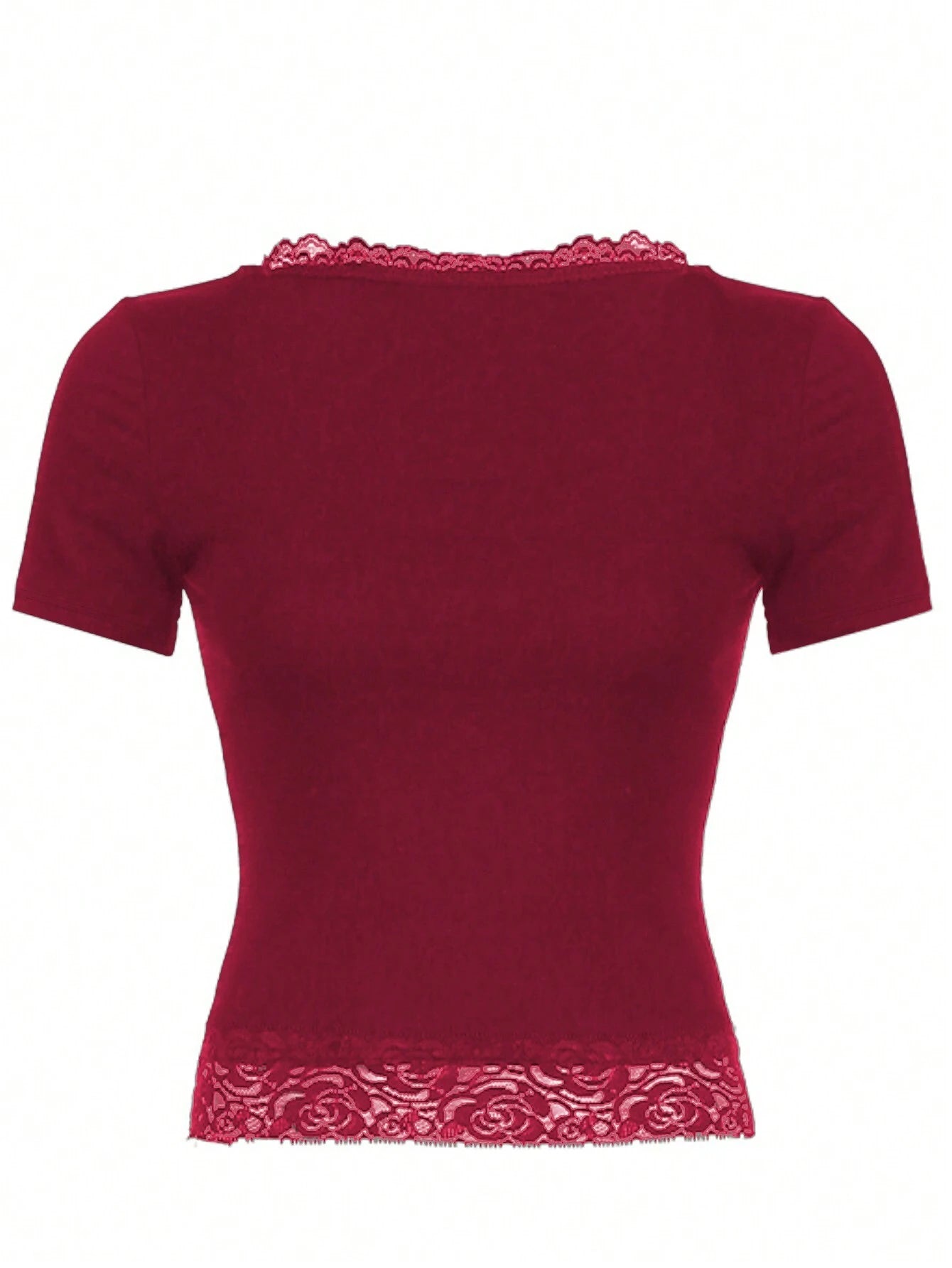  | SHEIN INAWLY Women's Summer Contrast Lace Square Neck Short Sleeve Slim Fit Red T-Shirt Top | Top | Shein | OneHub