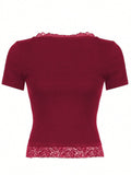  | SHEIN INAWLY Women's Summer Contrast Lace Square Neck Short Sleeve Slim Fit Red T-Shirt Top | Top | Shein | OneHub