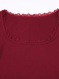 | SHEIN INAWLY Women's Summer Contrast Lace Square Neck Short Sleeve Slim Fit Red T-Shirt Top | Top | Shein | OneHub