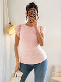 SHEIN Islaluna Women's Casual Textured Patchwork Lace Trim Pink Short Sleeve T-Shirt