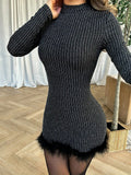 SHEIN Jemour Party Mock Neck Fuzzy Trim Glitter Bodycon Dress