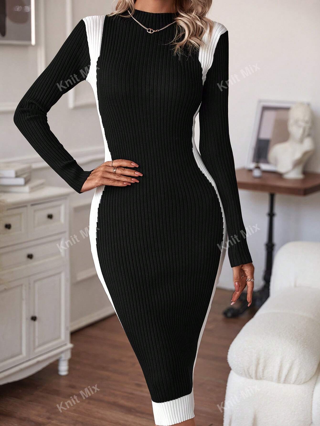 | SHEIN Knit Mix Knitted Elegant Commuter Midi Dress For Women,Floral Pattern Half High Neck Long Sleeve Contrast Color Fitted Sweater Dress (Floral Random) | Dress | Shein | OneHub