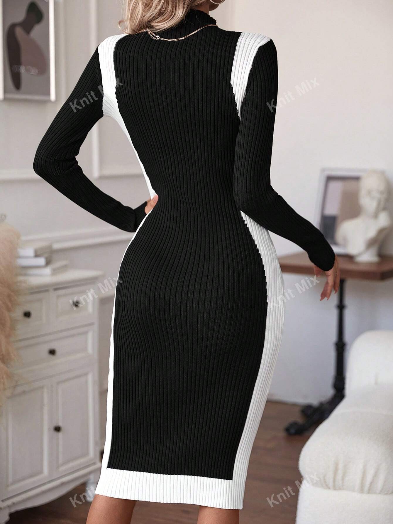  | SHEIN Knit Mix Knitted Elegant Commuter Midi Dress For Women,Floral Pattern Half High Neck Long Sleeve Contrast Color Fitted Sweater Dress (Floral Random) | Dress | Shein | OneHub