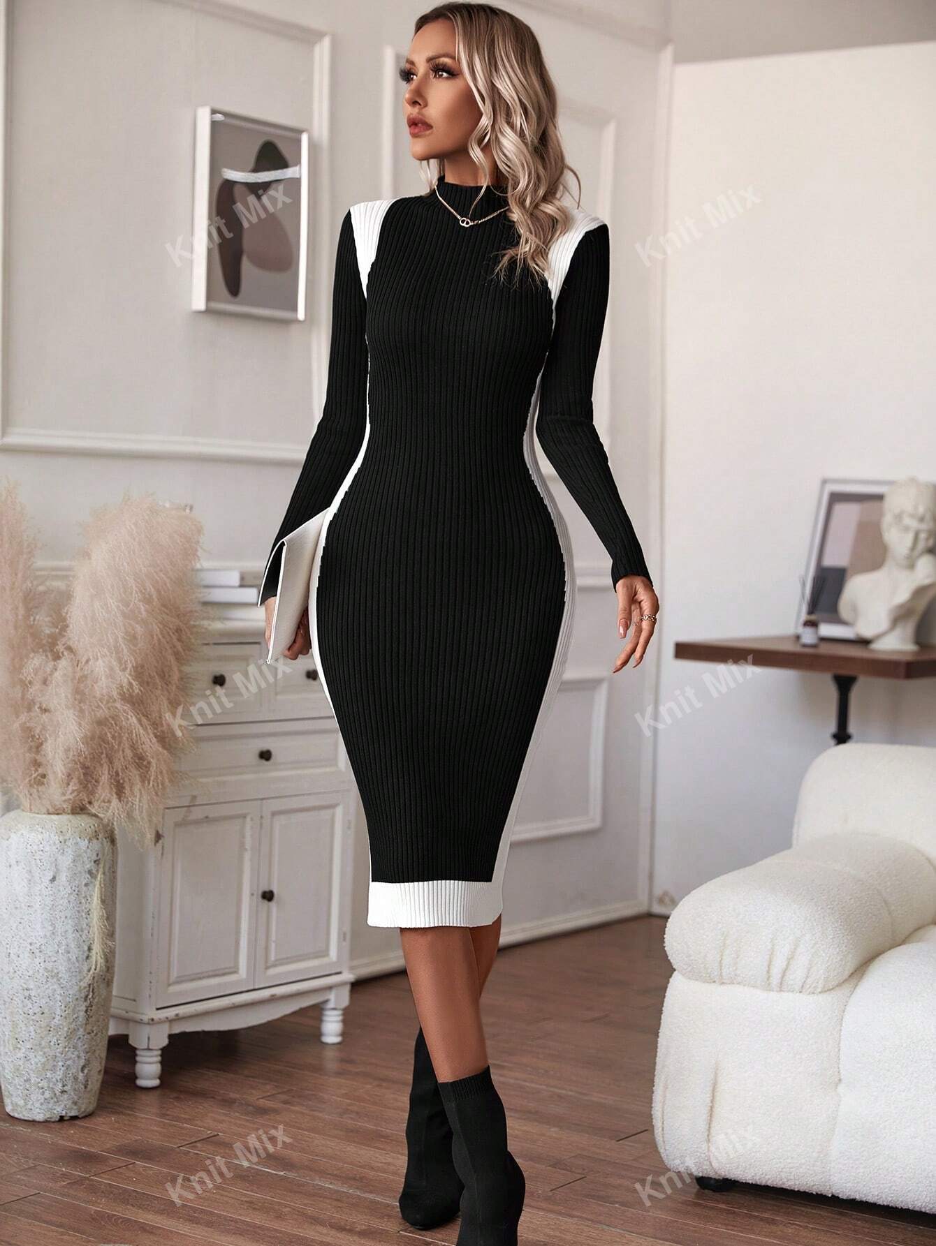  | SHEIN Knit Mix Knitted Elegant Commuter Midi Dress For Women,Floral Pattern Half High Neck Long Sleeve Contrast Color Fitted Sweater Dress (Floral Random) | Dress | Shein | OneHub