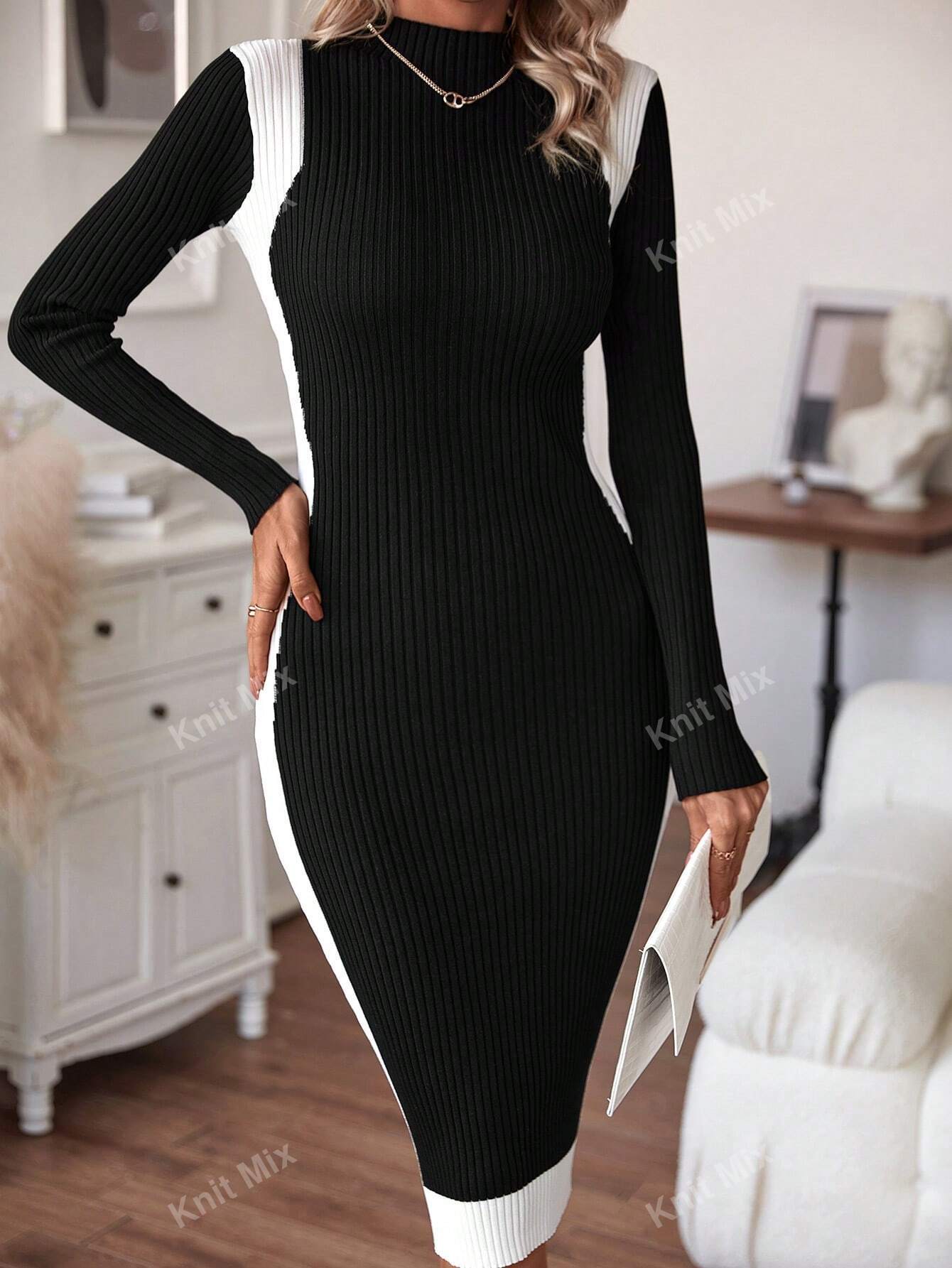  | SHEIN Knit Mix Knitted Elegant Commuter Midi Dress For Women,Floral Pattern Half High Neck Long Sleeve Contrast Color Fitted Sweater Dress (Floral Random) | Dress | Shein | OneHub