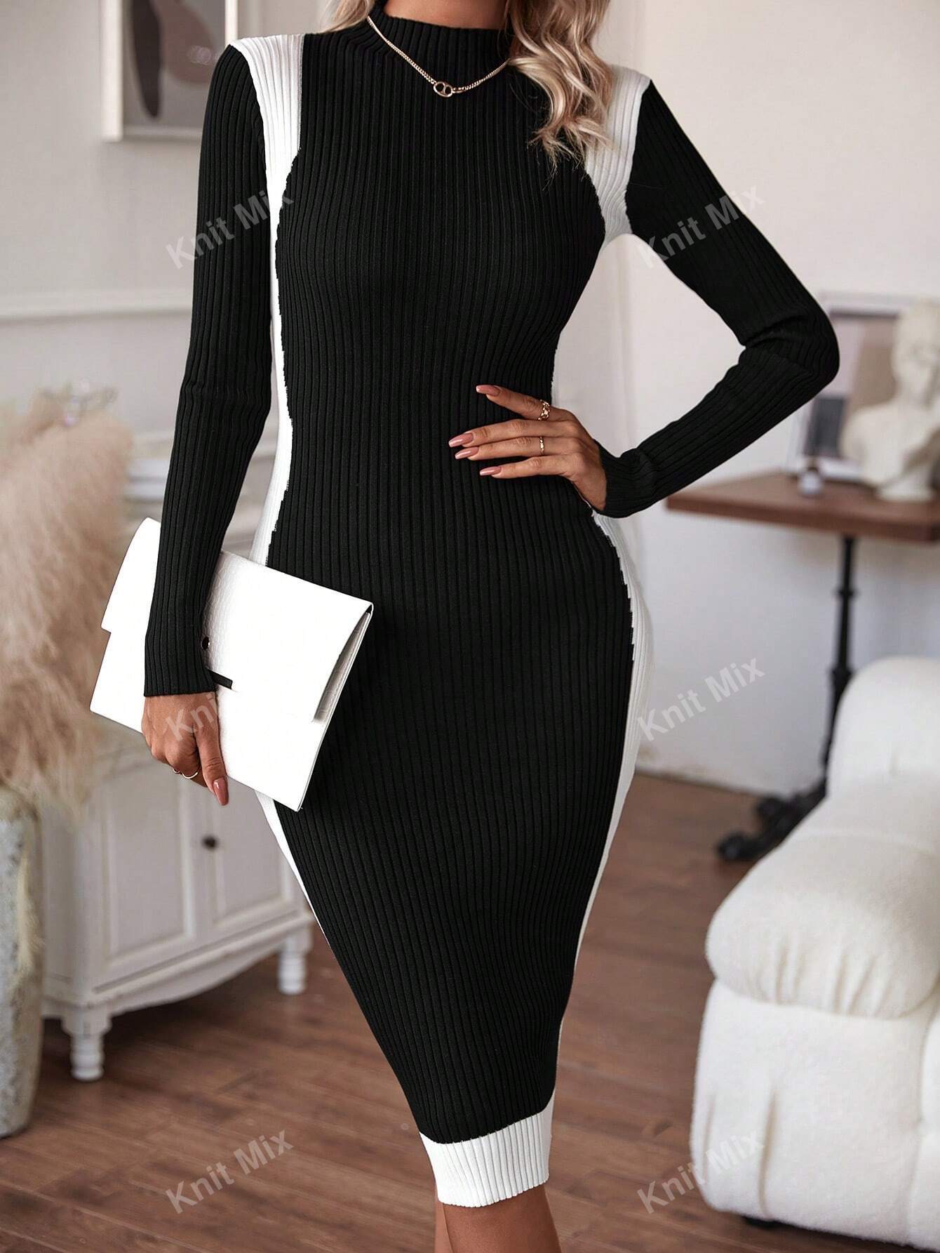  | SHEIN Knit Mix Knitted Elegant Commuter Midi Dress For Women,Floral Pattern Half High Neck Long Sleeve Contrast Color Fitted Sweater Dress (Floral Random) | Dress | Shein | OneHub