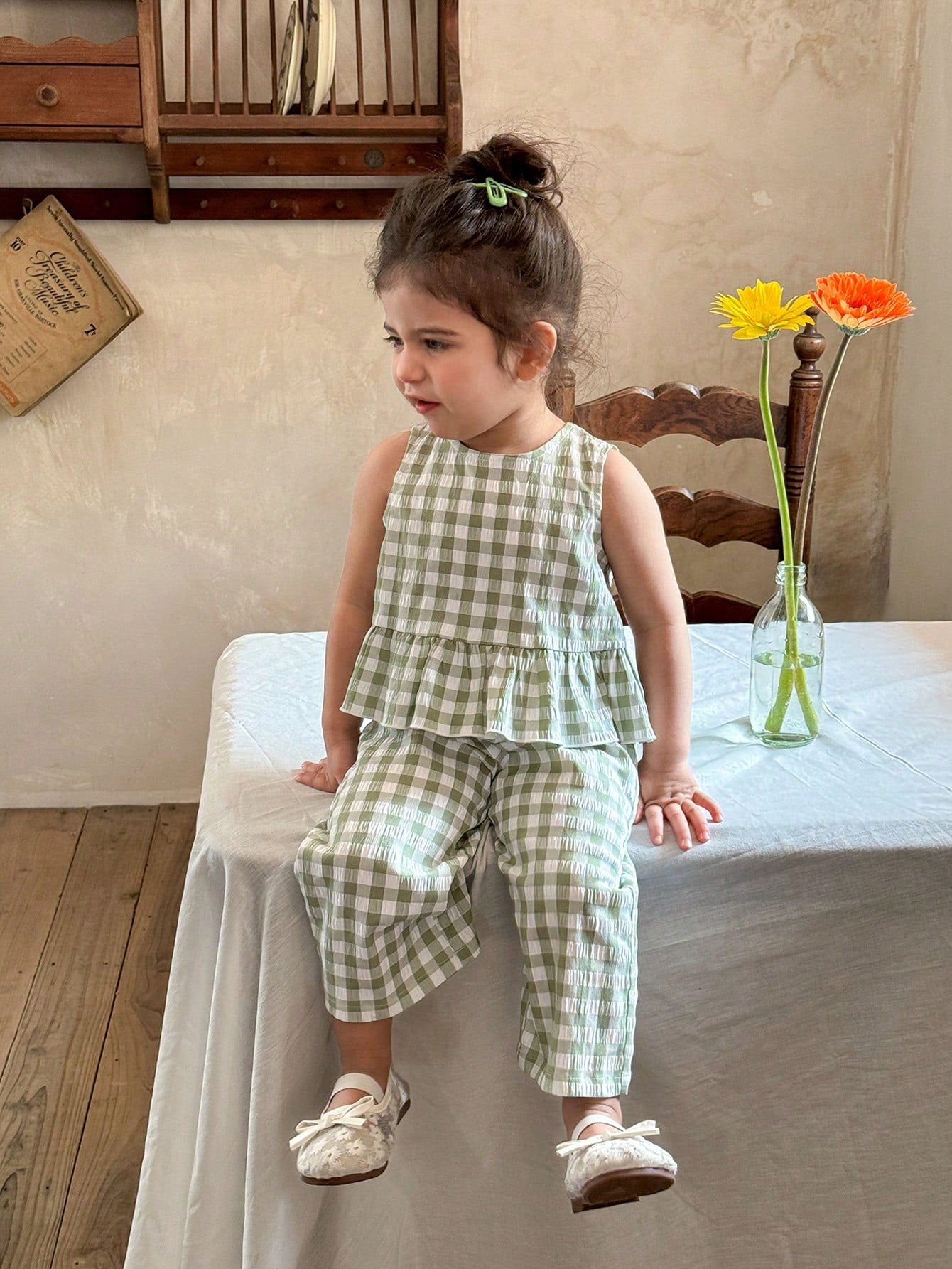 SHEIN LMoss Kids LMoss Baby Girls' Woven Plaid Ruffle Casual Shirt & Loose Woven Pants Set,Sisters Outfit,Suitable For Spring And Summer