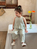 SHEIN LMoss Kids LMoss Baby Girls' Woven Plaid Ruffle Casual Shirt & Loose Woven Pants Set,Sisters Outfit,Suitable For Spring And Summer
