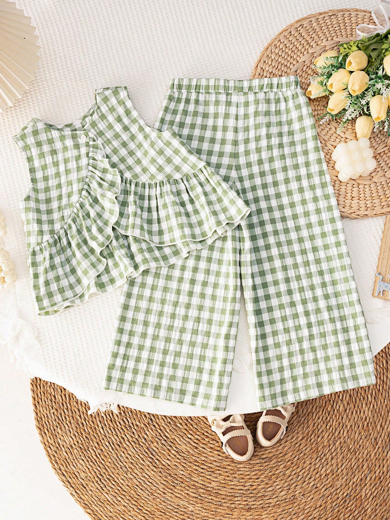 SHEIN LMoss Kids LMoss Baby Girls' Woven Plaid Ruffle Casual Shirt & Loose Woven Pants Set,Sisters Outfit,Suitable For Spring And Summer