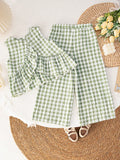 SHEIN LMoss Kids LMoss Baby Girls' Woven Plaid Ruffle Casual Shirt & Loose Woven Pants Set,Sisters Outfit,Suitable For Spring And Summer