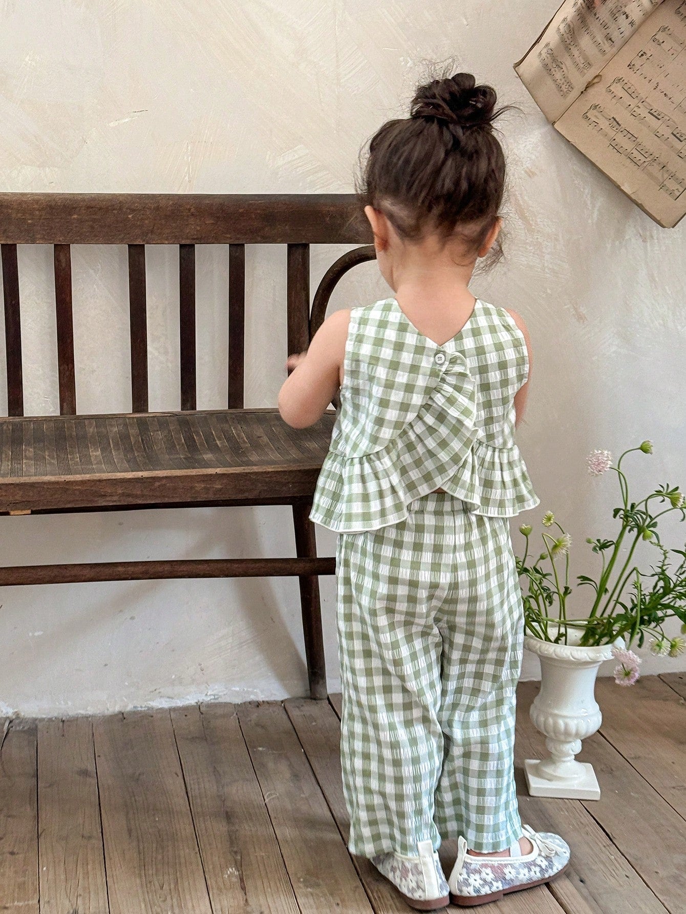 SHEIN LMoss Kids LMoss Baby Girls' Woven Plaid Ruffle Casual Shirt & Loose Woven Pants Set,Sisters Outfit,Suitable For Spring And Summer