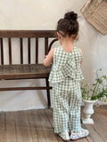 SHEIN LMoss Kids LMoss Baby Girls' Woven Plaid Ruffle Casual Shirt & Loose Woven Pants Set,Sisters Outfit,Suitable For Spring And Summer