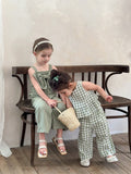 SHEIN LMoss Kids LMoss Baby Girls' Woven Plaid Ruffle Casual Shirt & Loose Woven Pants Set,Sisters Outfit,Suitable For Spring And Summer