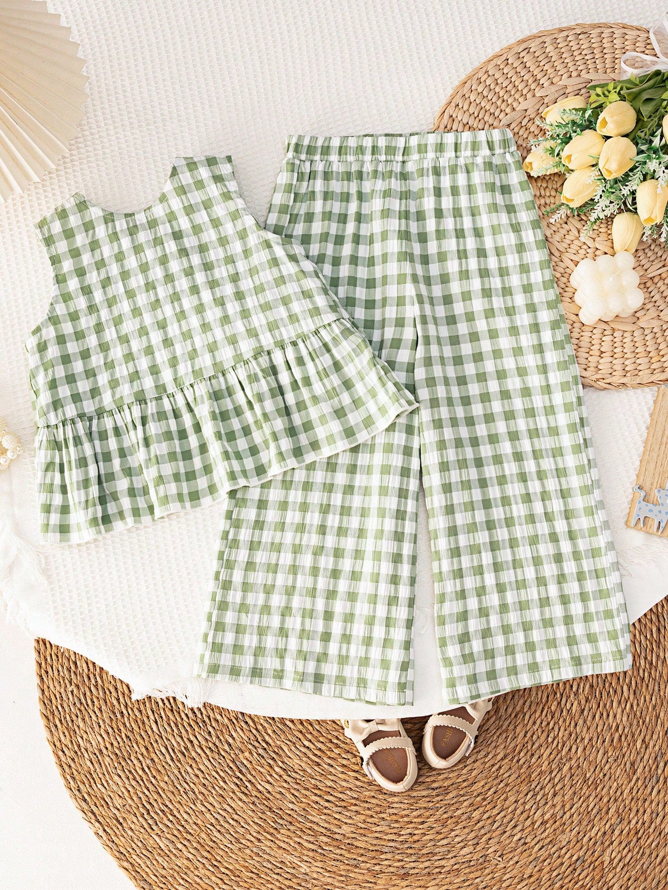 SHEIN LMoss Kids LMoss Baby Girls' Woven Plaid Ruffle Casual Shirt & Loose Woven Pants Set,Sisters Outfit,Suitable For Spring And Summer