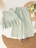 SHEIN LMoss Kids LMoss Baby Girls' Woven Plaid Ruffle Casual Shirt & Loose Woven Pants Set,Sisters Outfit,Suitable For Spring And Summer