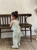 SHEIN LMoss Kids LMoss Baby Girls' Woven Plaid Ruffle Casual Shirt & Loose Woven Pants Set,Sisters Outfit,Suitable For Spring And Summer