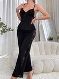 SHEIN Lace Patchwork Spaghetti Strap Long Pants Sexy Women's Pajama Set