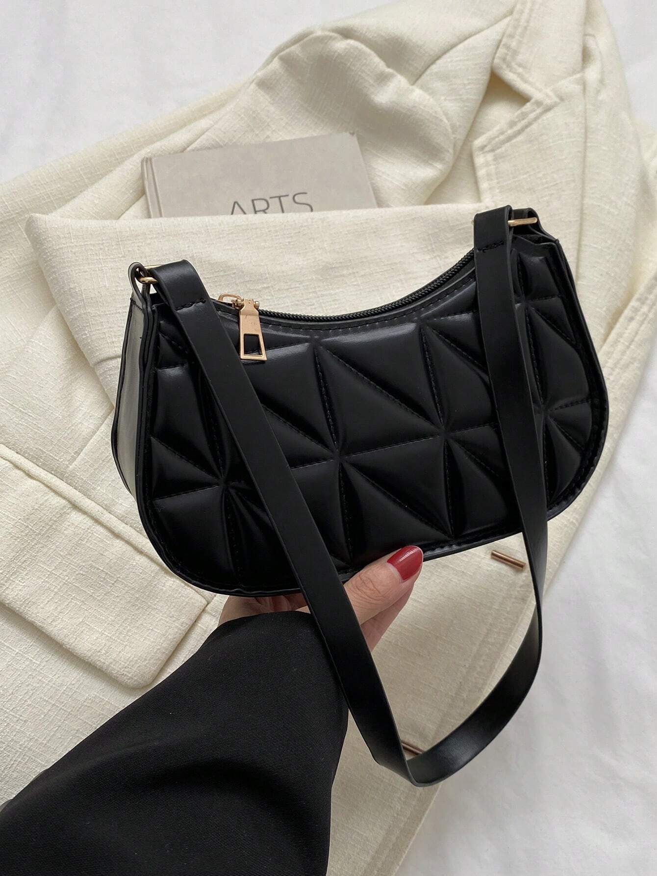  | SHEIN Lightweight,Business Casual New Arrival Ladies' Black Pu Material Plaid Zipper Shoulder Bag | Bags | Shein | OneHub